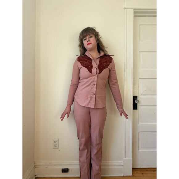 1970s 70s vintage western cowgirl suit set pink studs rhinestone Dolly Parton s - Picture 2 of 11
